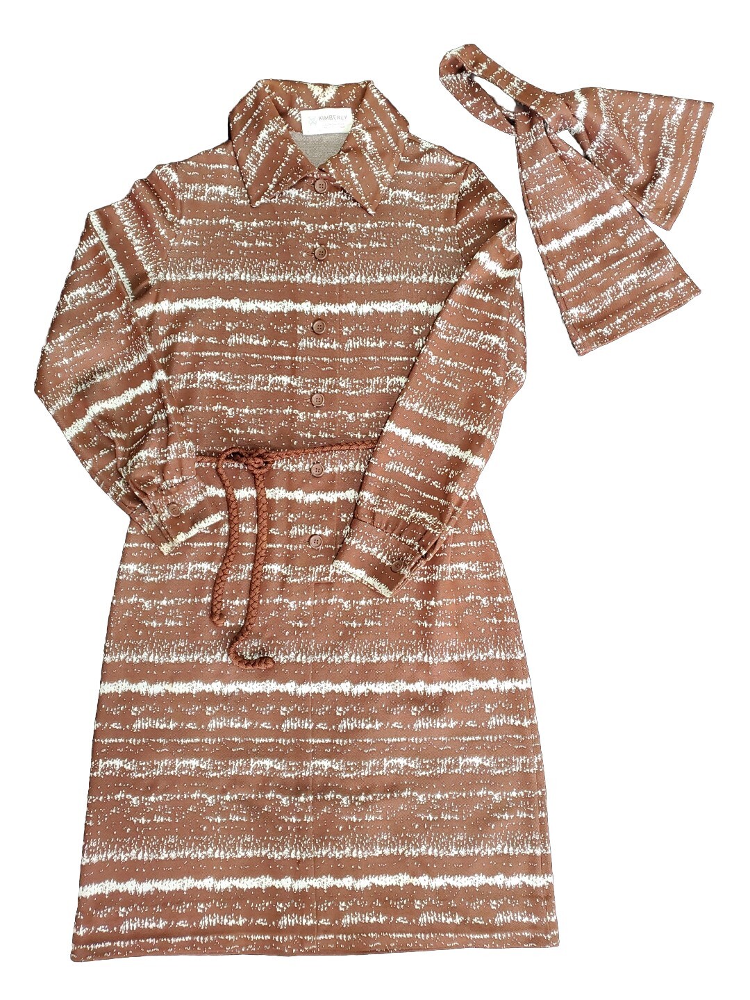 Vtg 70s Dress Brown Stripe Pattern Long Sleeve Belt Tie Buttons Dacron Kimberly