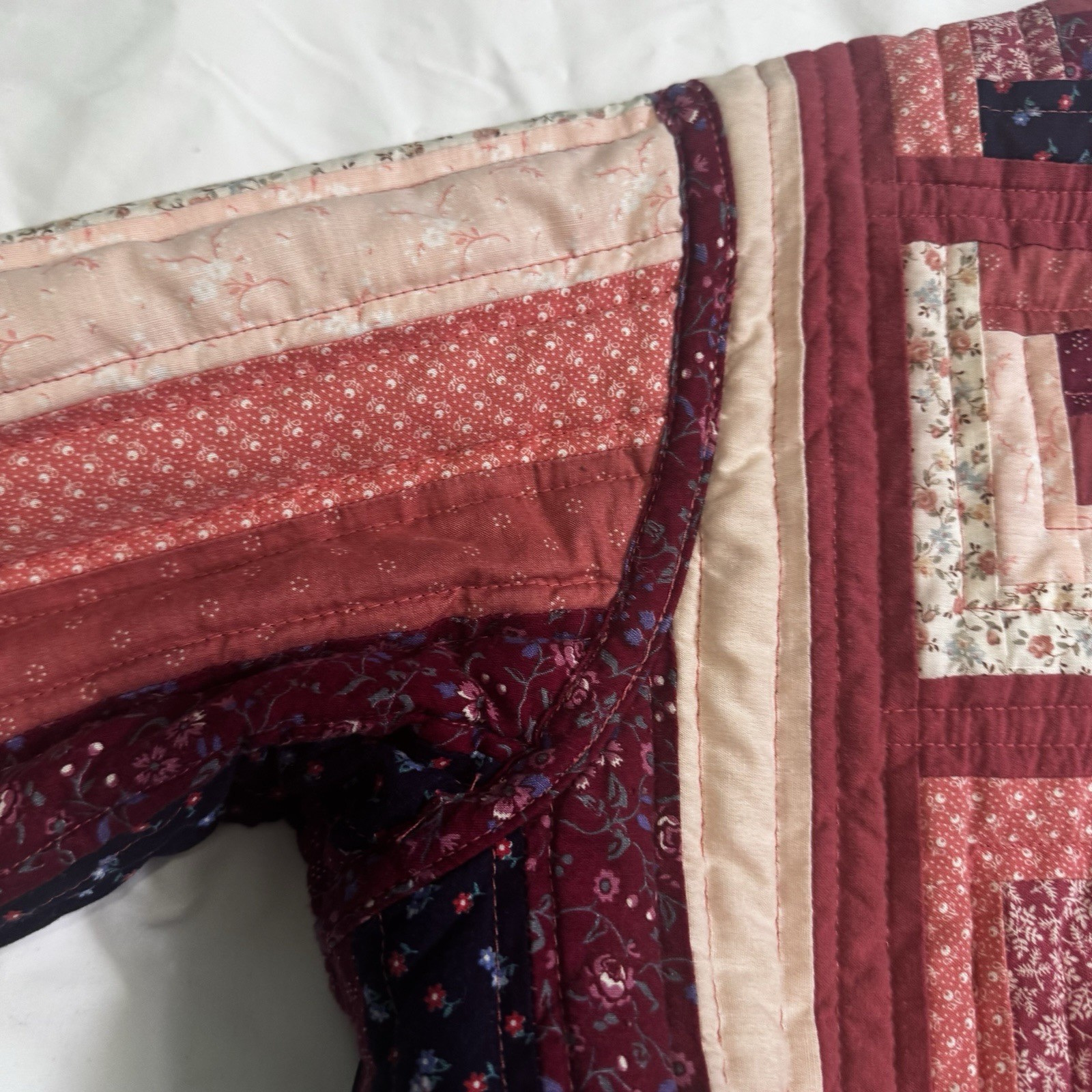 VTG 70s Handmade Patchwork Jacket L Quilted Boho Hippie Log Cabin Mauve & Navy