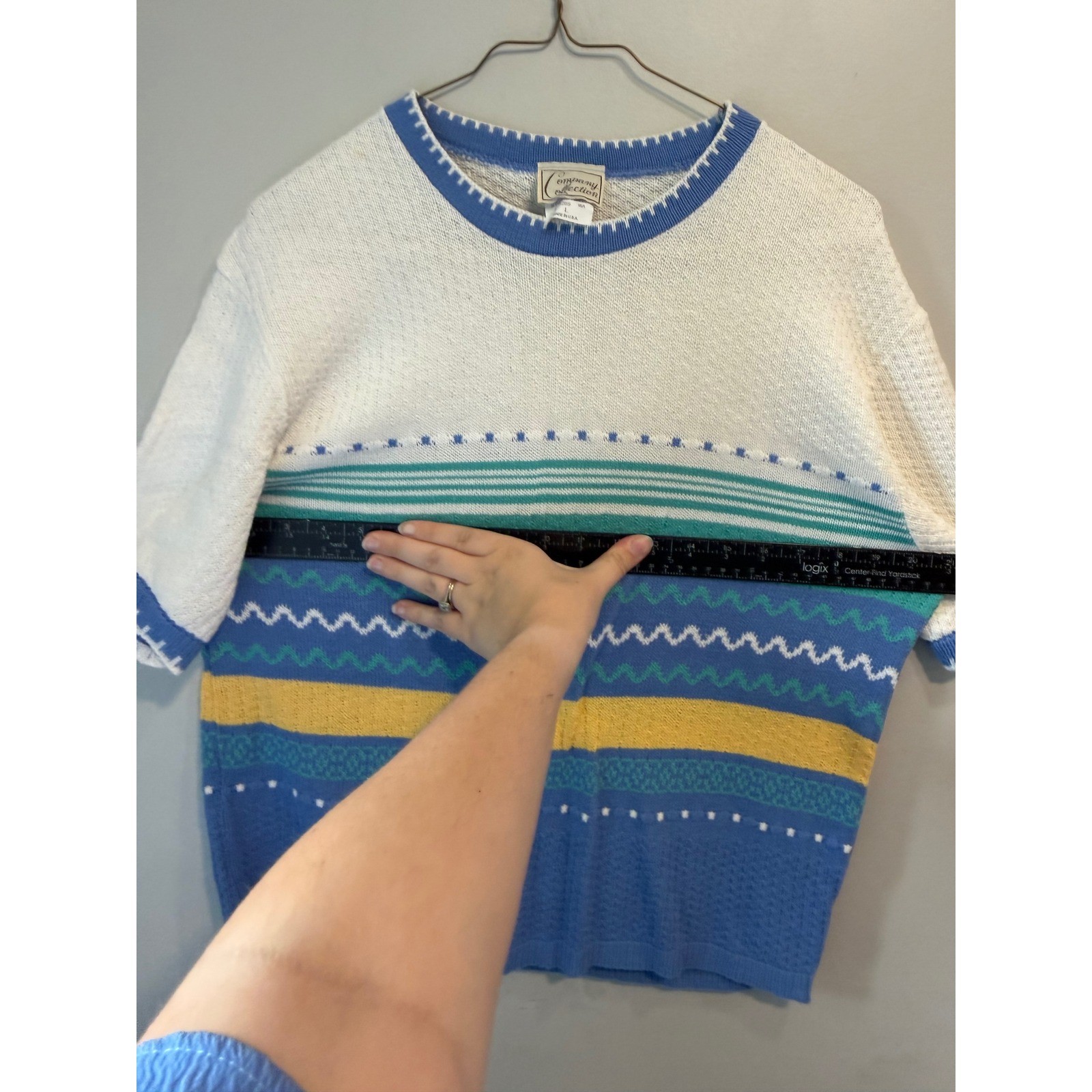 Vintage Company Collection Womens Short Sleeve Striped Knit Sweater Blue Large