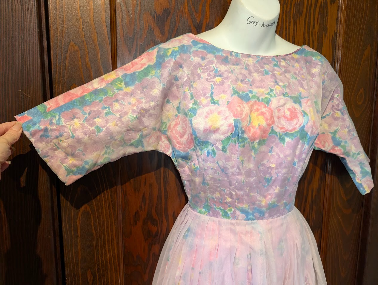 1950s VTG PASTEL FLORAL MIDI DRESS pleated sheer organza & calico XXS 0 1F