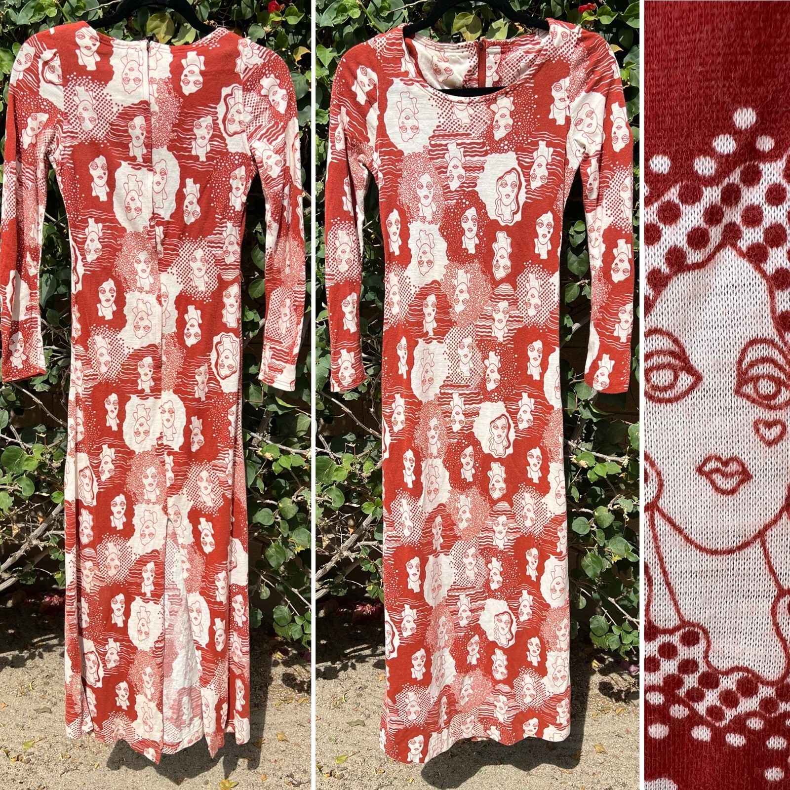 Vintage Novelty Faces Print Maxi Dress Long Sleeve Art Graphic 60s 70s Boho XS