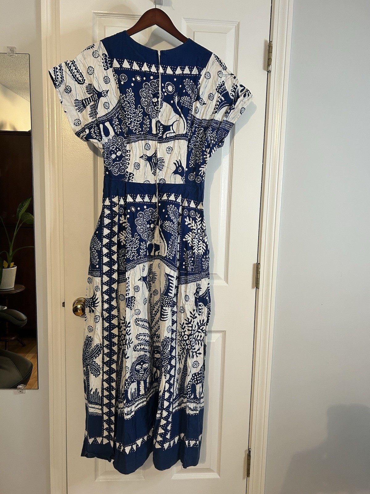VTG 70s At Home Wear Van Raalte Safari Novelty Maxi Dress Size 14 Blue White USA