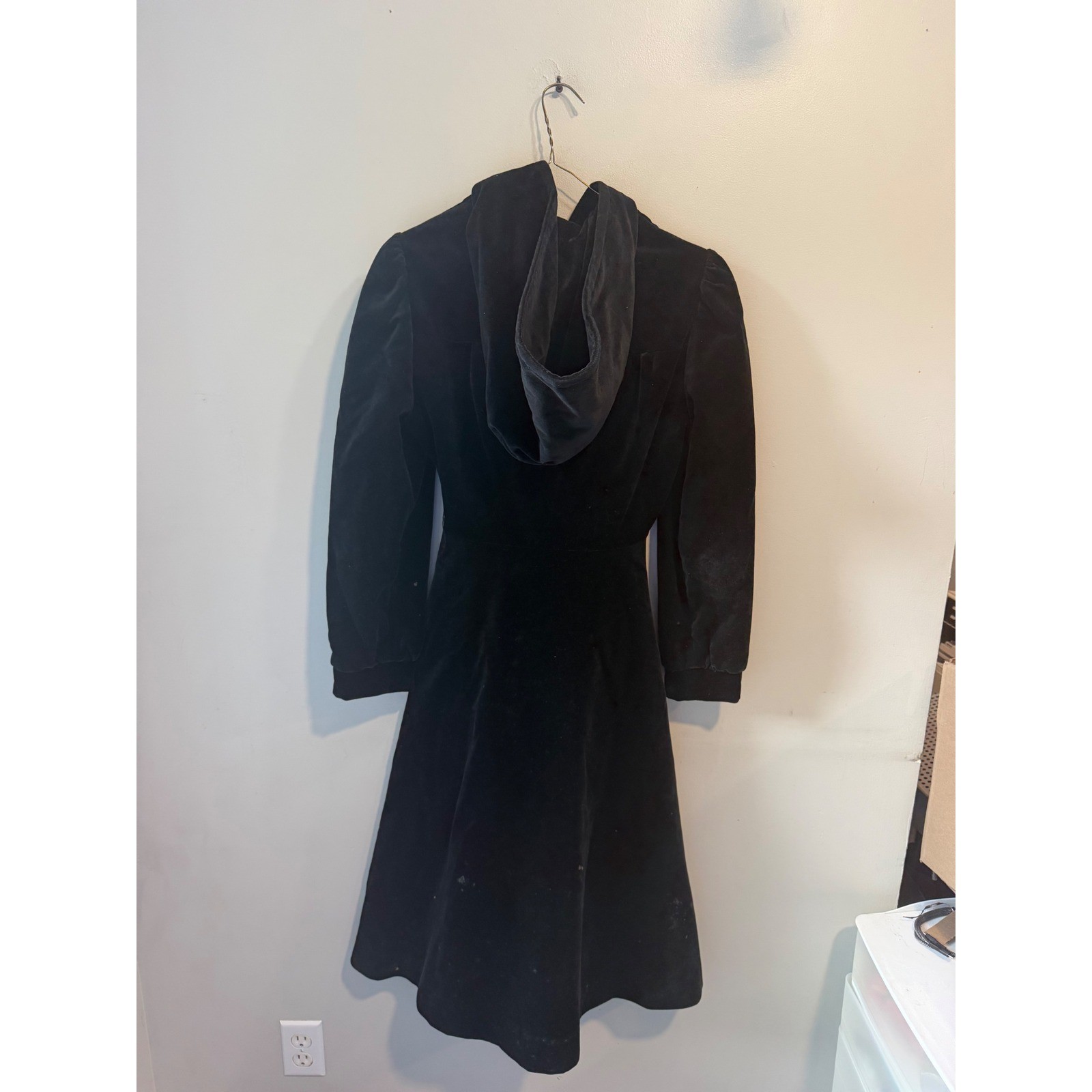 Vintage Mar-Del by Rice Black Velvet Hooded Coat Button Front Mid USA Made
