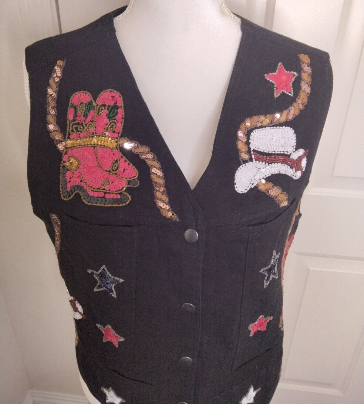 Modi Black Denim with Western Sequin Boots Cowboy Hat Stars Vest Size Medium