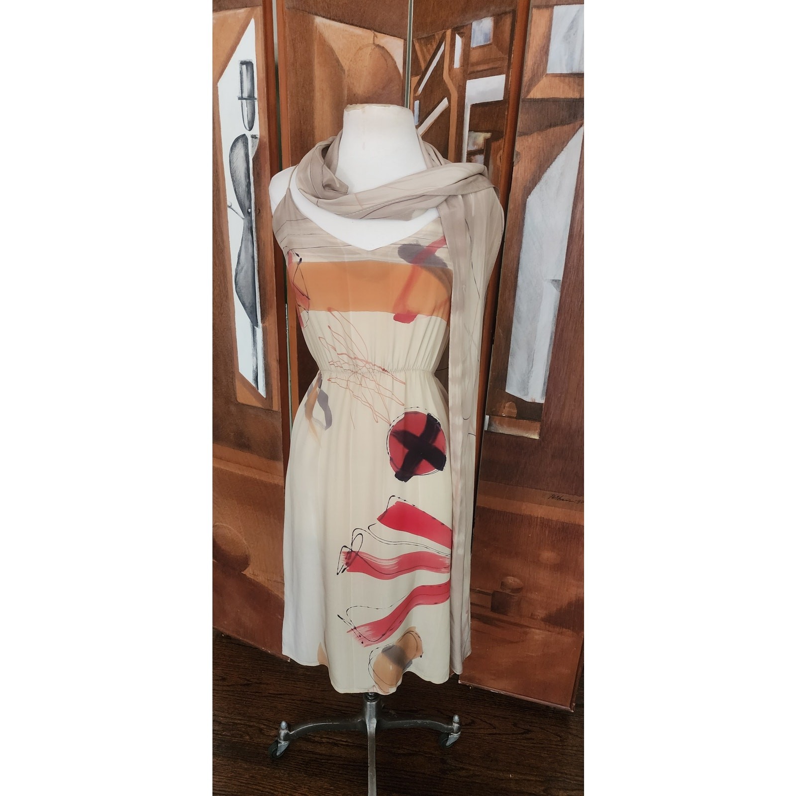 VTG 80s Nicole Chicago Dress Silk Geometric Abstract Print Scarf Belt Sash S