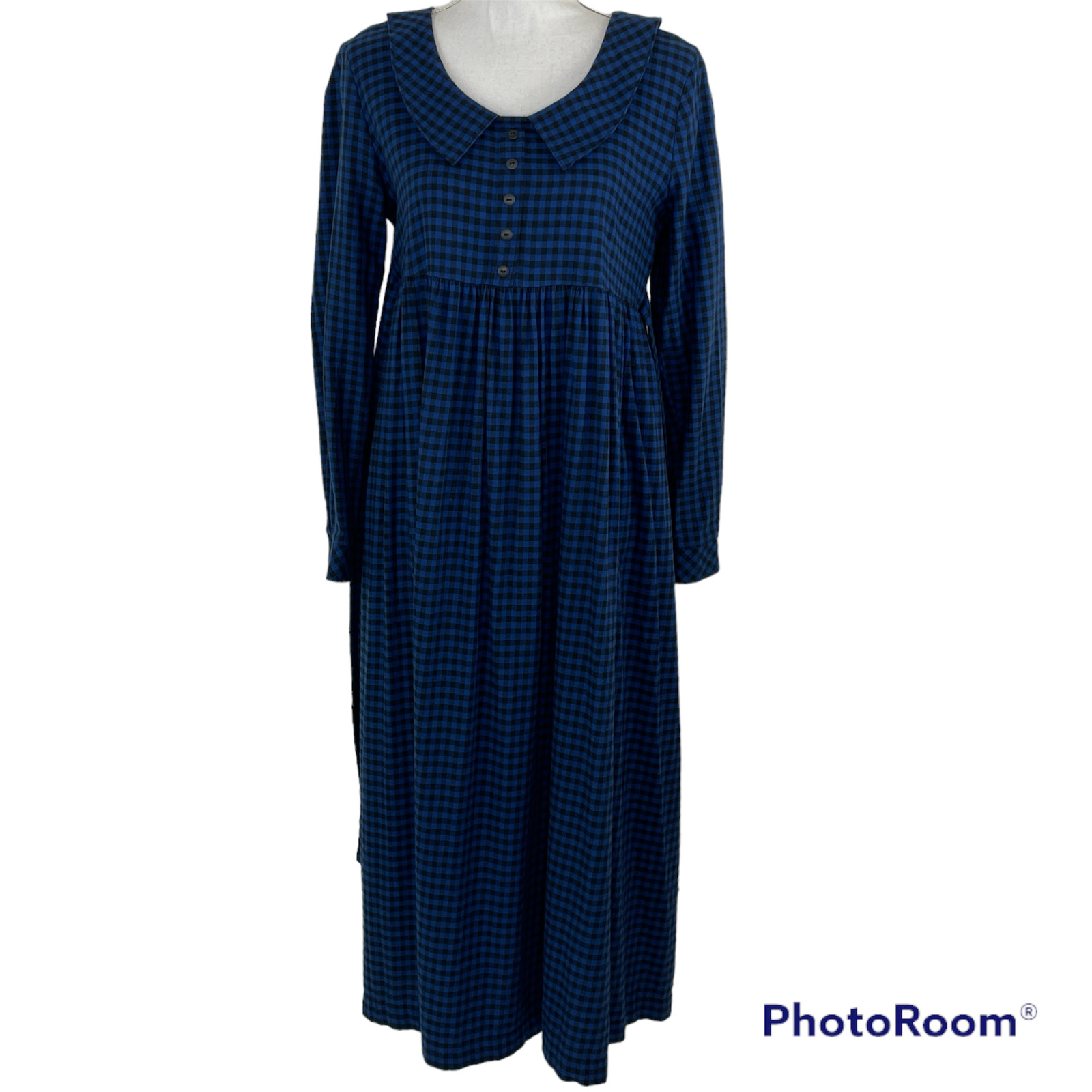 Vtg Misty Lane Maxi Dress Cottagecore Blue Black Check Cotton Size 4 Relaxed fit