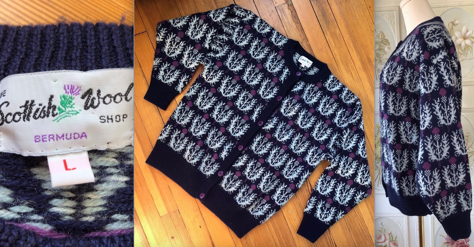 VTG SCOTTISH WOOL SWEATER THICK CARDIGAN NAVY LIGHT BLUE PURPLE FLORAL PATTERN L