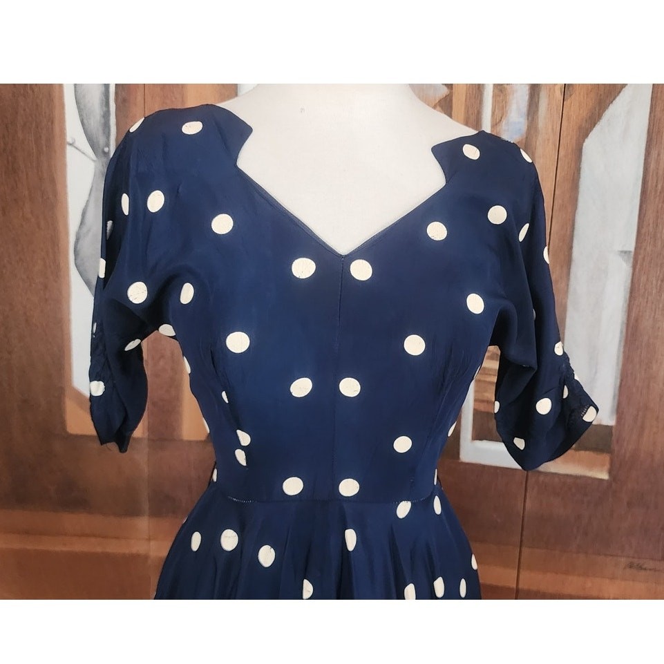 Vintage 1950s Lilli Diamond Dress Blue White Polka Dot Print Midi / S