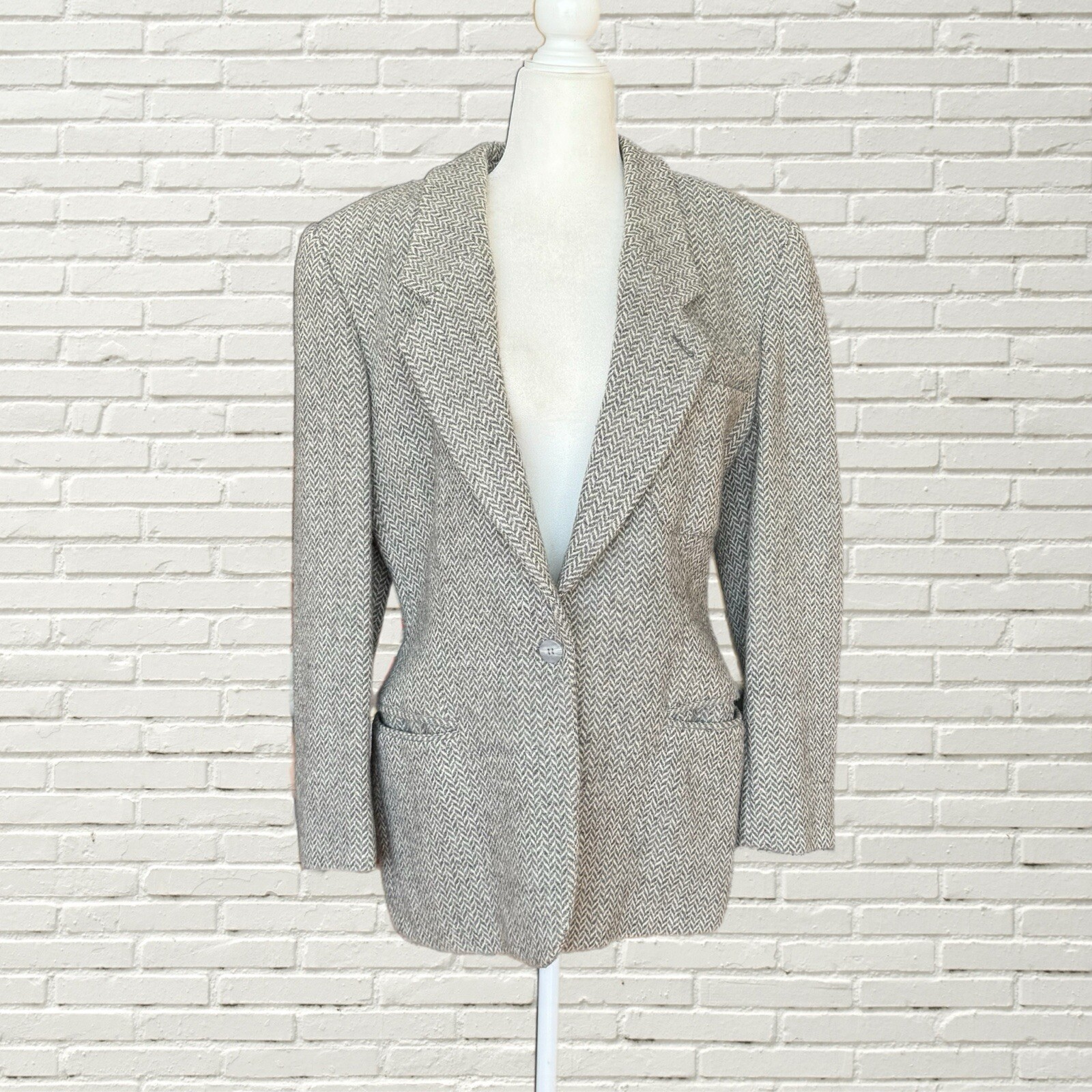 Vintage 80s Emotion Armani Wool Blazer Jacket Grey White Herringbone Print