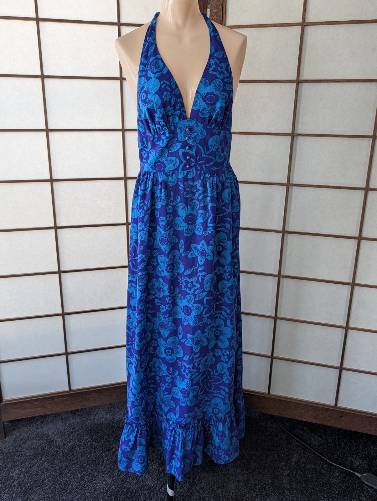 Vintage Beach Party ’60S ’70S Halter Maxi Dress S/M Hawaiian Print