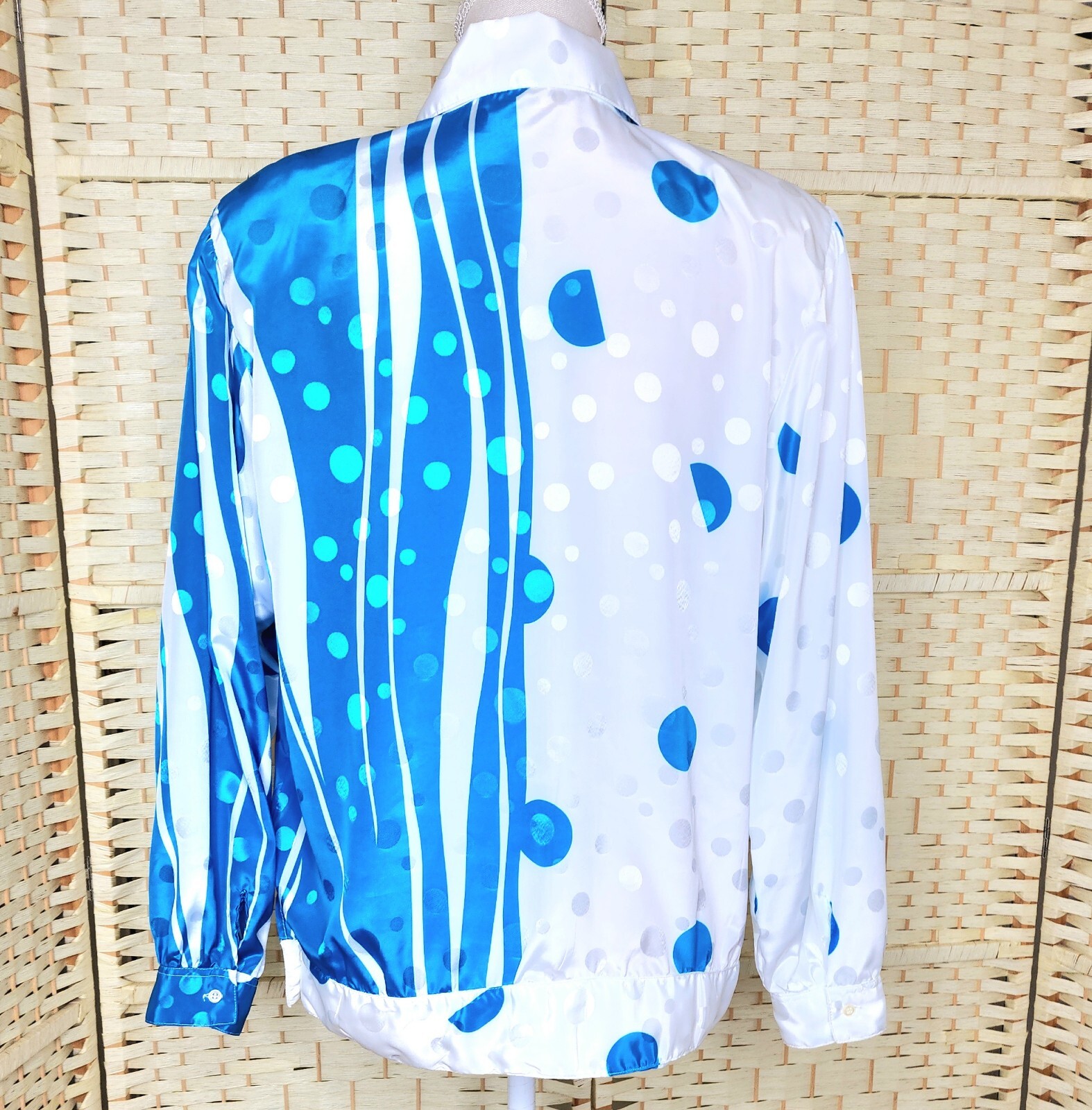 Vintage 80s Stuart Land Blue & White Satin Top Size 12