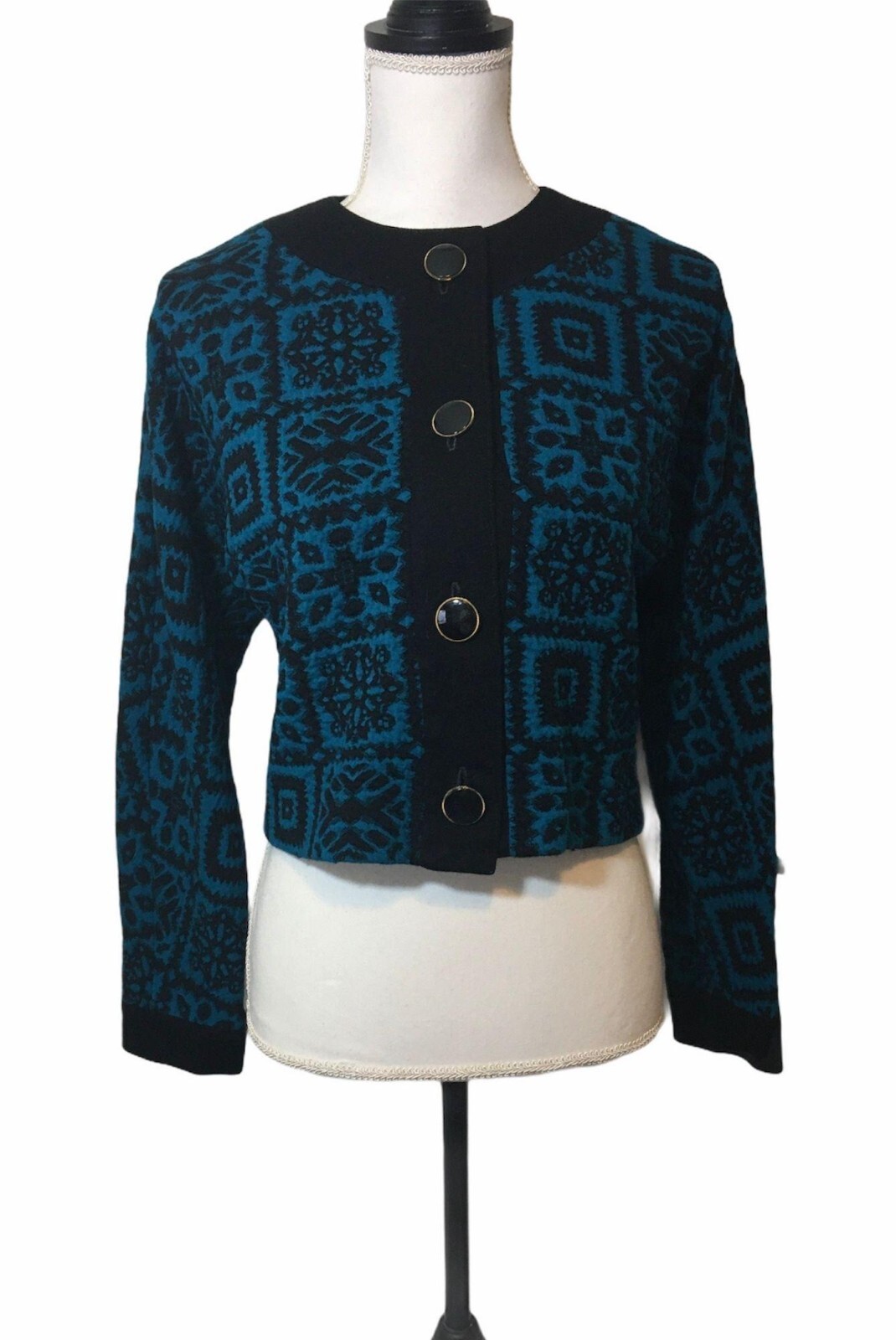 Vintage Leslie Fay Sweater Blazer 50s Button Up Dark Crop Teal Black USA Made 8