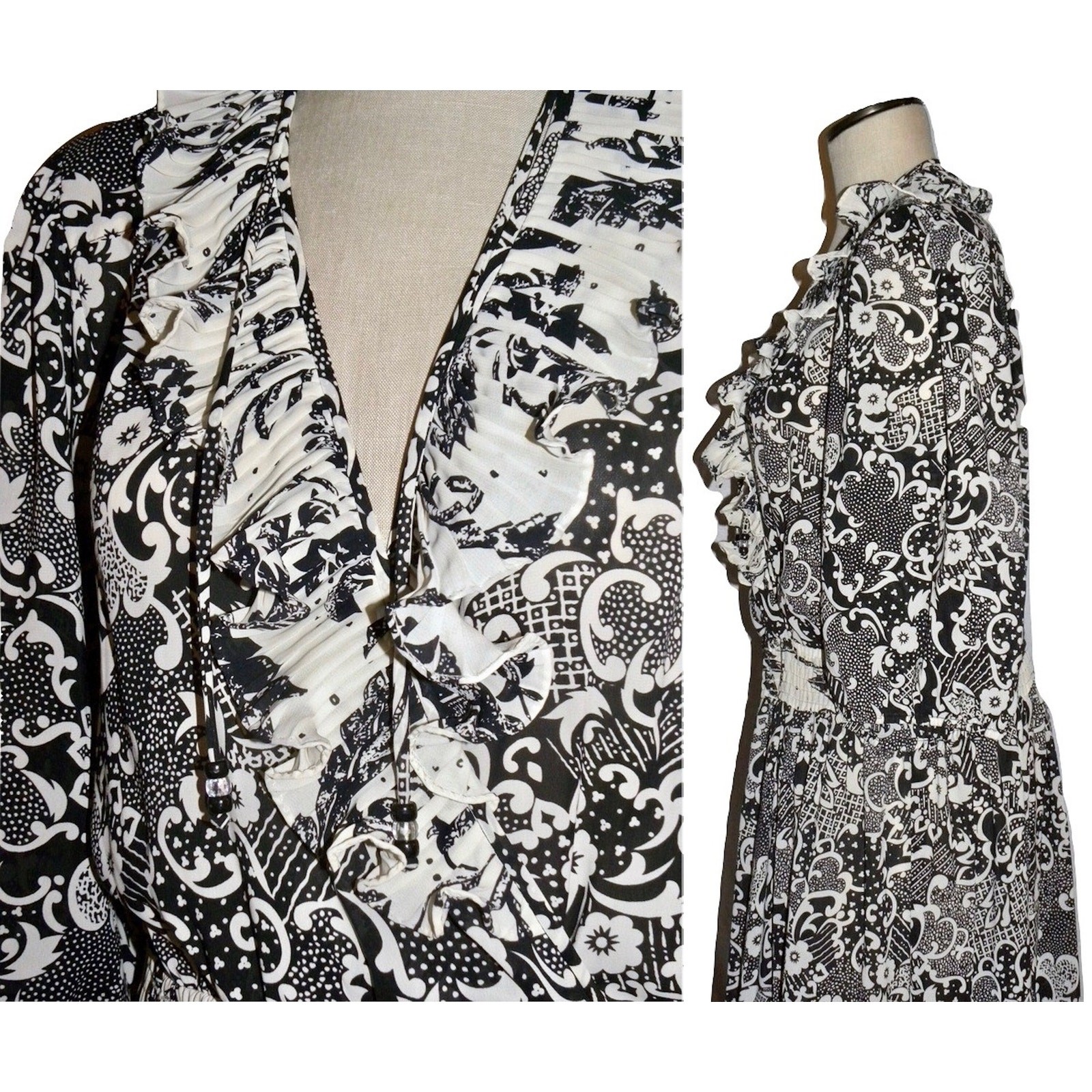 Vintage Susan Freis Black White Graphic Georgette Dress | M/L