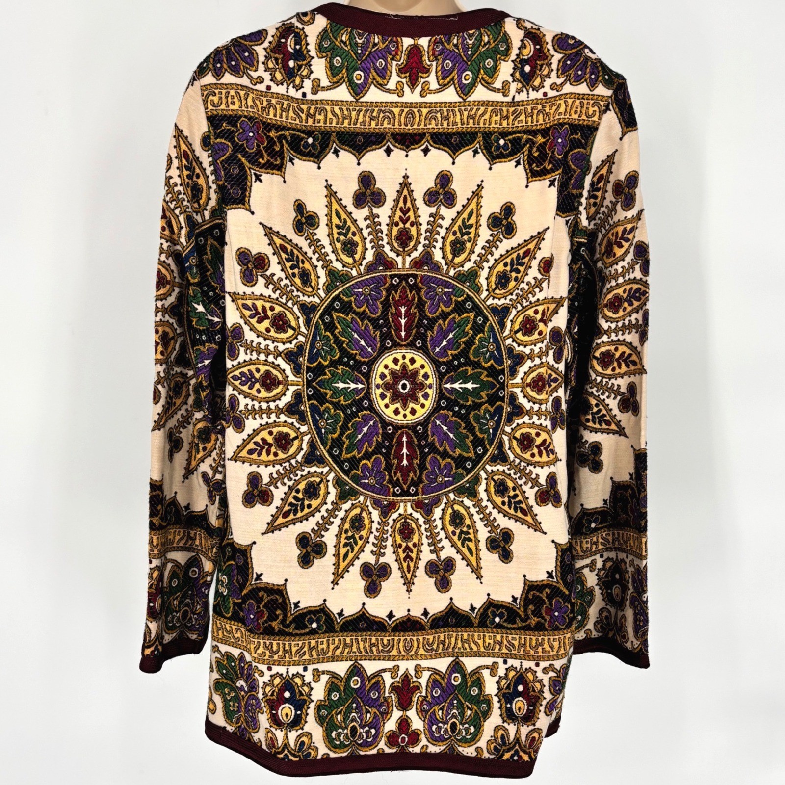 Vintage Tapestry Mandala Jacket Burgundy Boho Woven Frog Button Cardigan Size 46