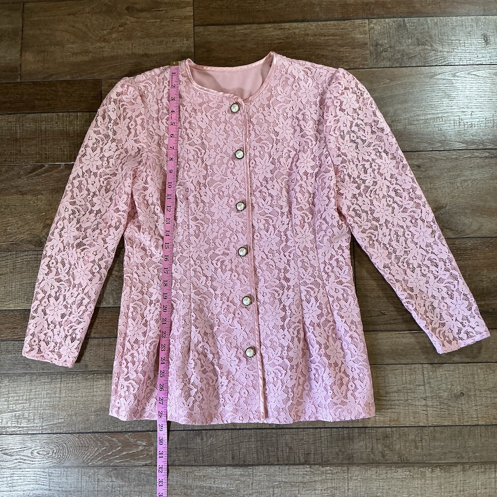 80s VINTAGE Pink Lace Jacket Women’s Size 12 USA Made Rhinestone Buttons #82529