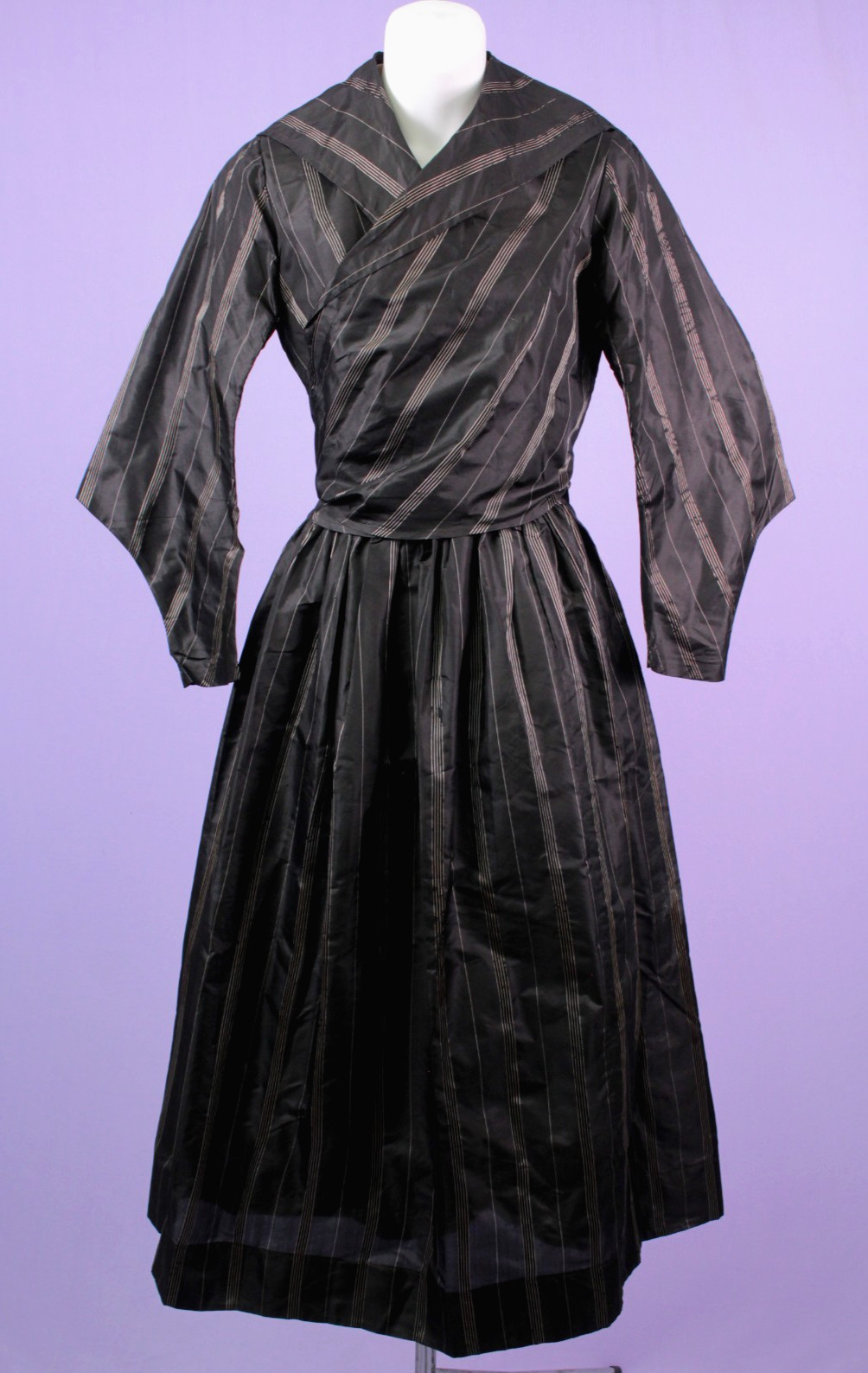 VTG Womens Late 1800s Early 1900s 2 Pc Black Stripe Taffeta Top & Skirt Set XS/S