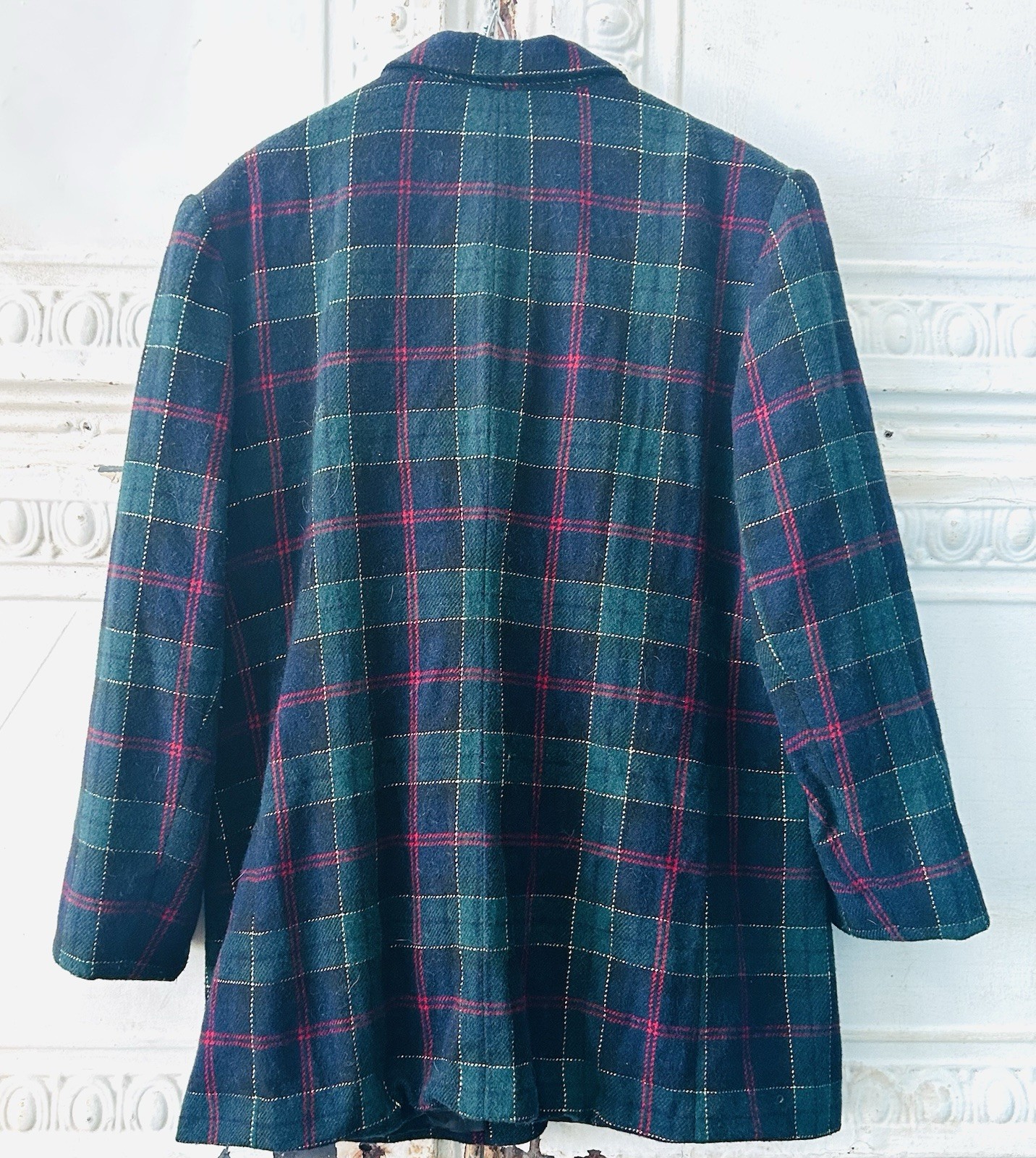 Vintage BEAUTIFUL White Stag Blue Green Gold Plaid Blazer Jacket Wool Lg