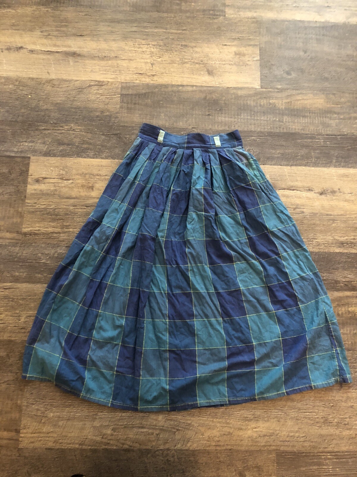 Vintage 80s Santa Cruz 22″ Waist Blue Green Madras Plaid A-Line Skirt Cotton-XS