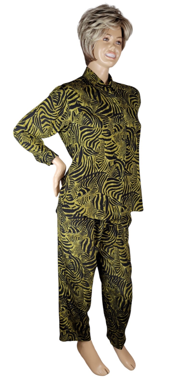 Vintage Ann May 100% Silk Zebra Green & Black Animal Blouse & Pant Suit Set 8