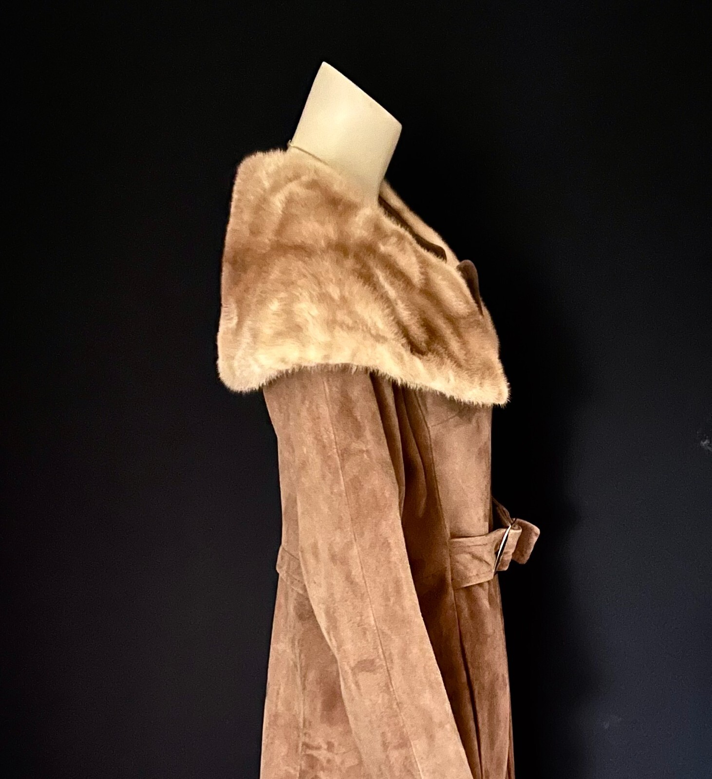 1960s, 1970s Mink Collared Light Cocoa Brown Suede Coat, Fitted, Belted, Sm- Med