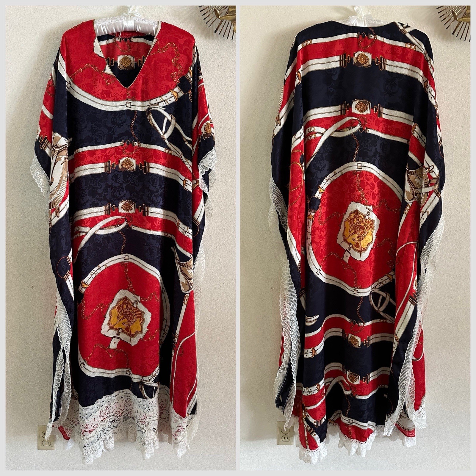 1970s Equestrian Scarf Print Caftan Dress Red Navy Gold Maxi Boho Resort Vintage