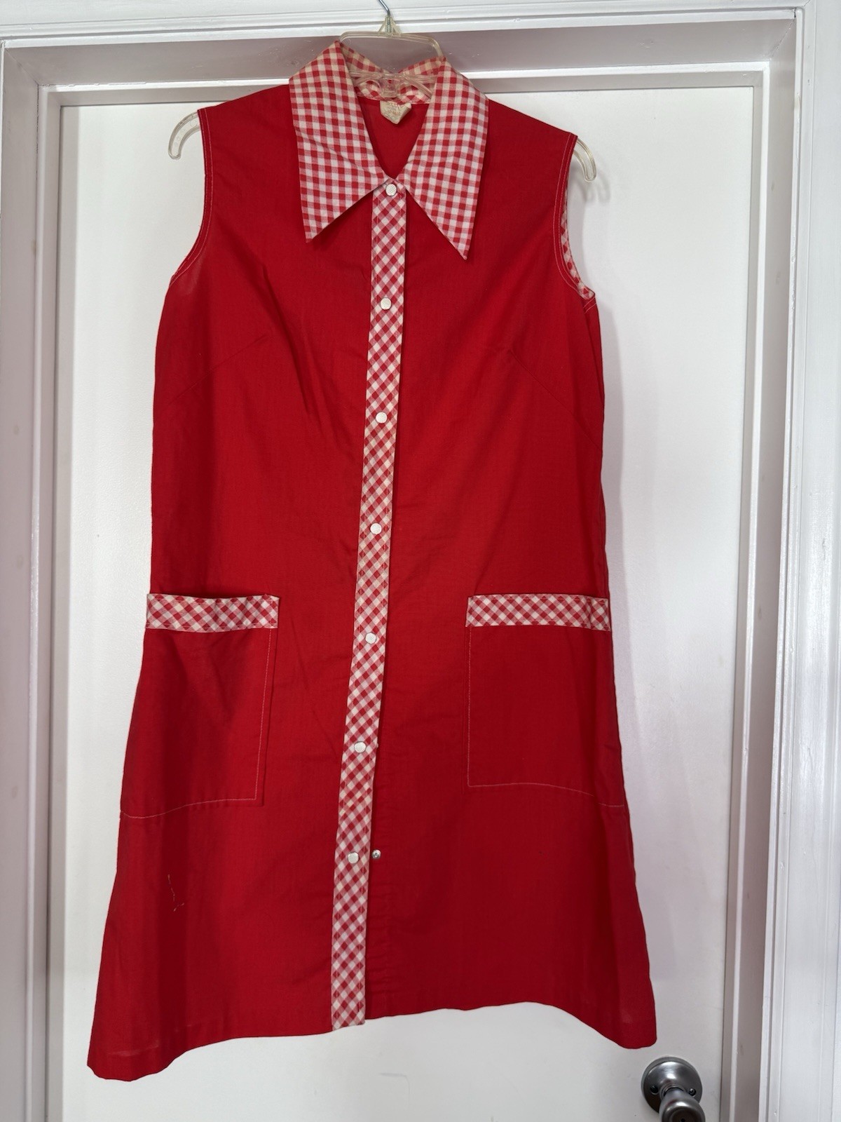 Vintage Go-in’s By Danville Red Dress M 14/16 Gingham Detail Pockets Collar