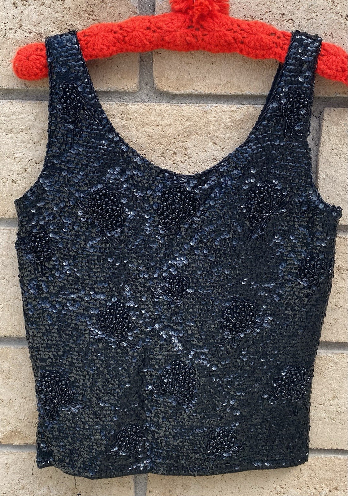Black Sequin Beaded Wool Top Hong Kong Metal Zip Pinup Glam Tank S 50s 60s Vtg