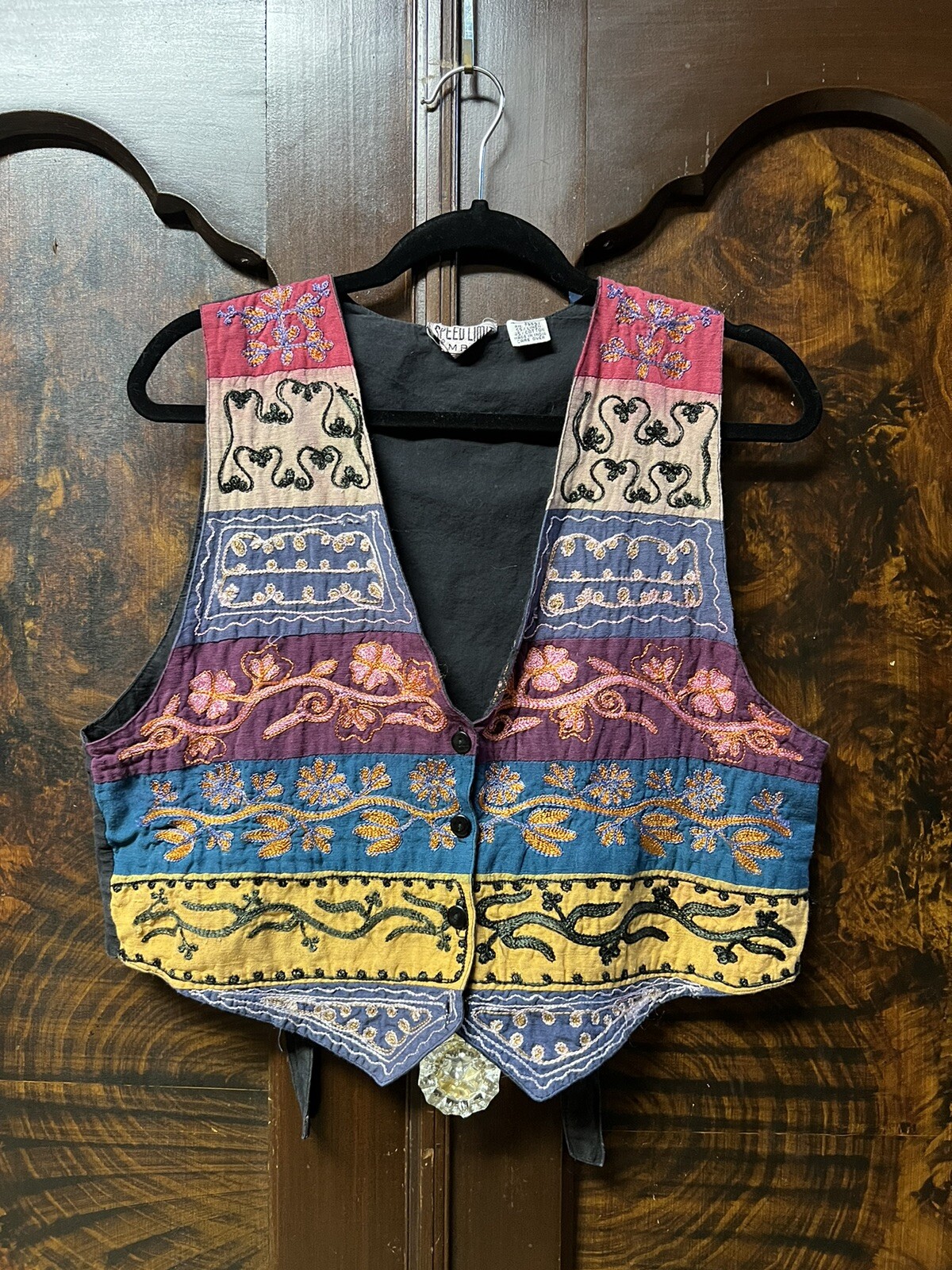 Vtg Speed Limit MPH Vest Women Sz L Boho Linen Blend Embroidered Multi Colored