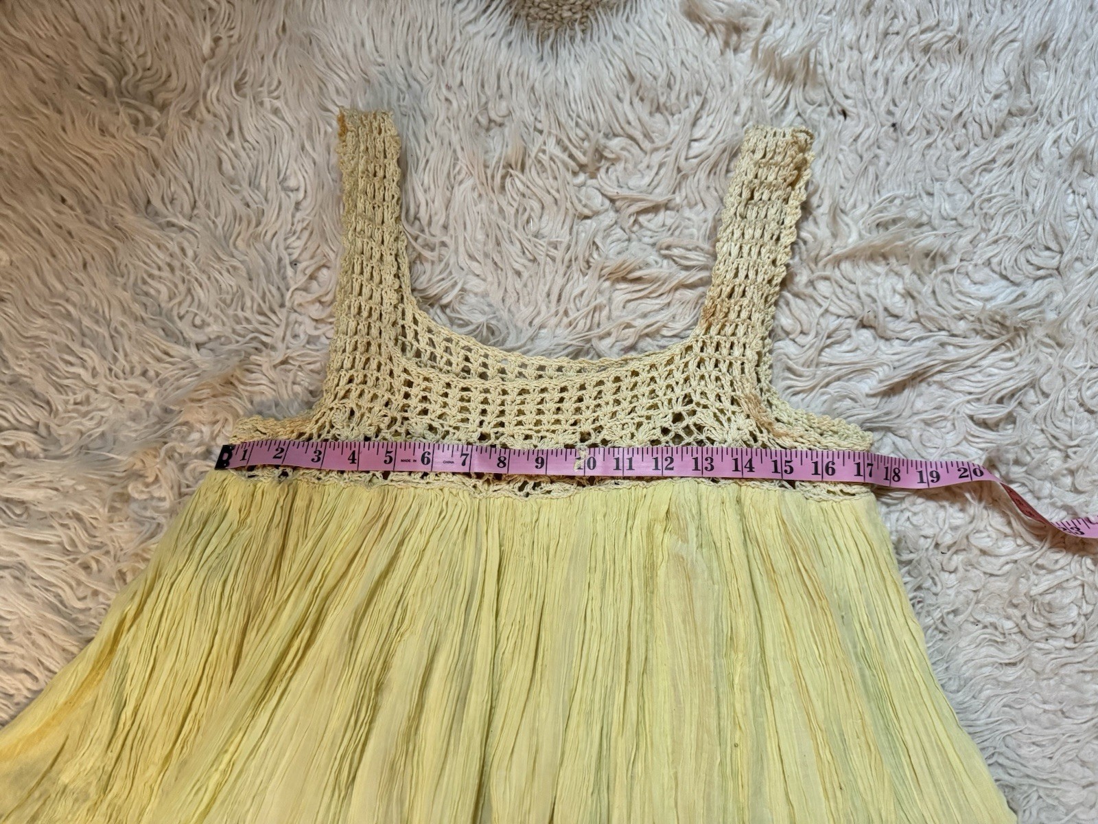 Vtg India Yellow Cotton Crochet Mesh Gauze Tent Maxi Dress Full Sweep Open Size