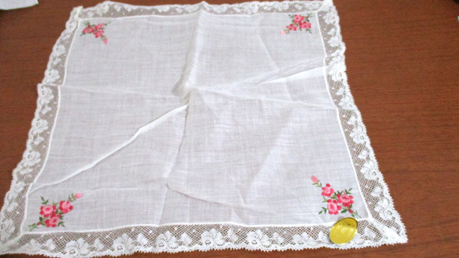 Vintage~SWITZERLAND LACE & EMBROIDERED White w/ Pink Flowers FLORAL HANDKERCHIEF