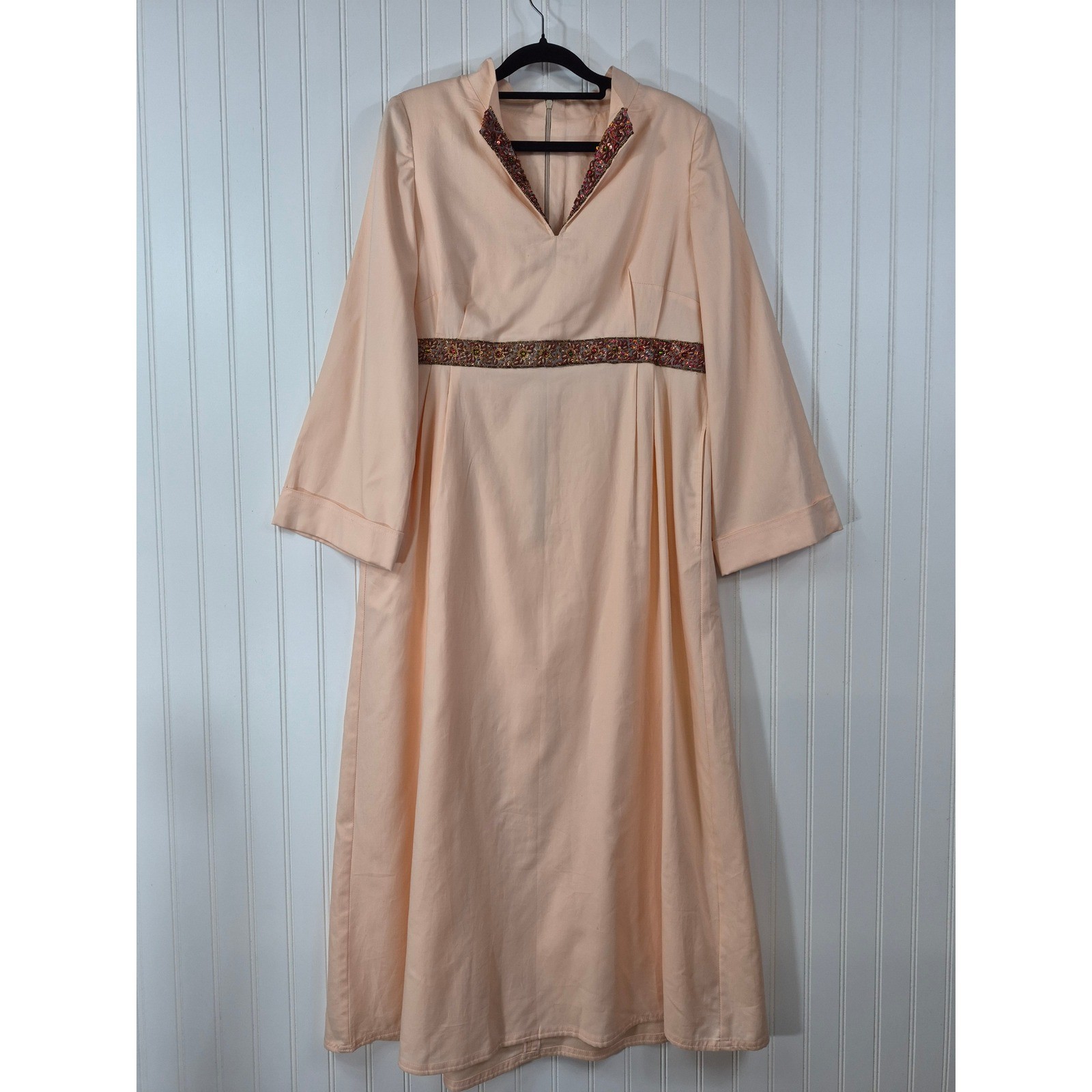 Vintage Karon Woodland Peach Beaded Empire Waist Maxi Dress Peach Bell Sleeve