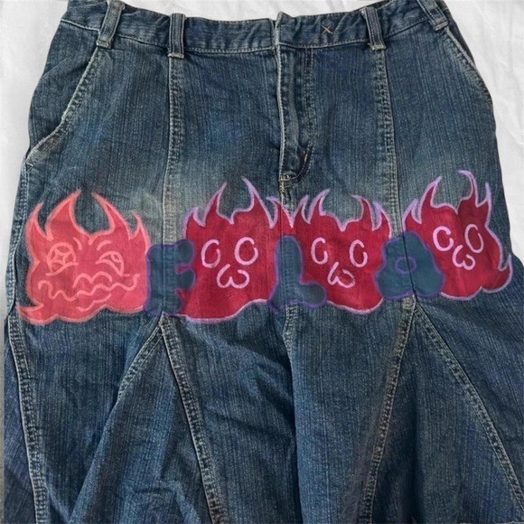 A.M.I 2000s denim skirt with hand painted flames