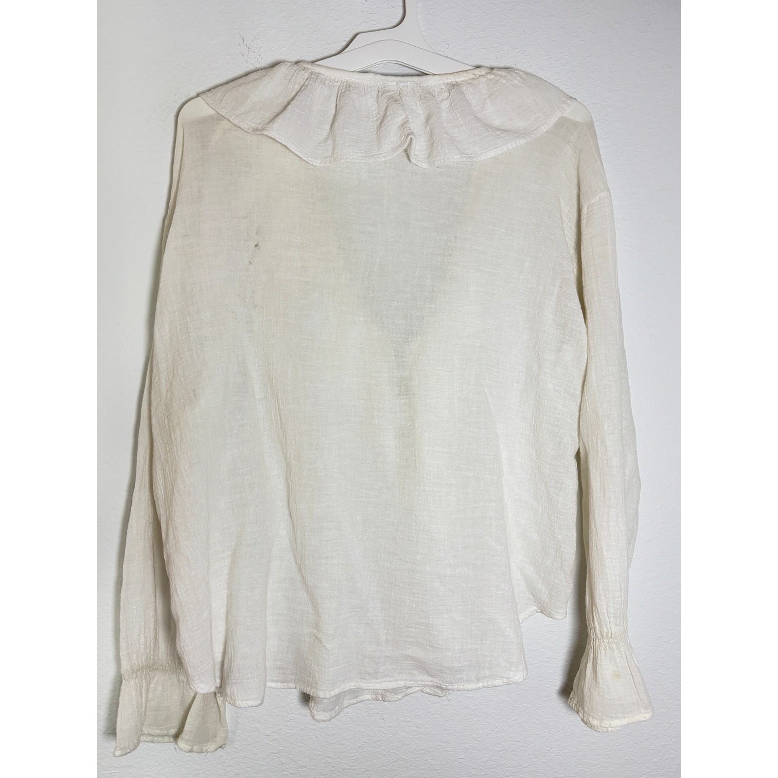Vintage Contempo Casuals Ivory Ruffle V-Neck Blouse Smocked Bell Sleeve Small