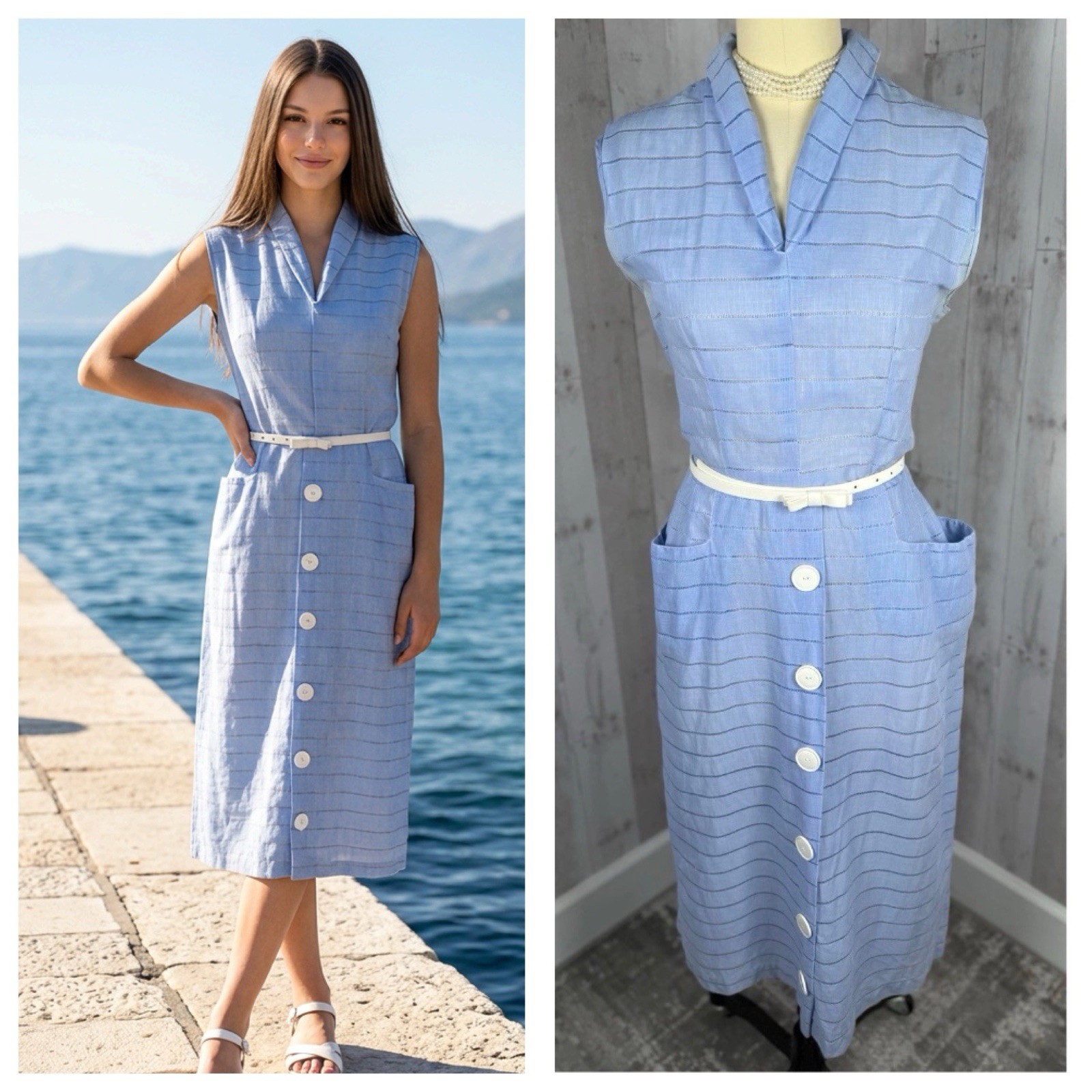 Vintage 1940s DRESS Frock Cotton Day DRESS Pale Blue Retro Pinup WWII S/M