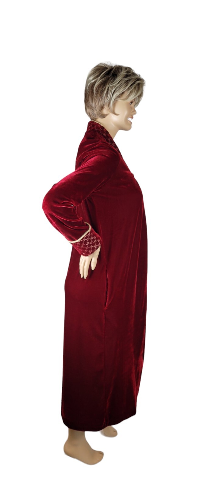 Vintage Whispers Velvet Velour Red & Gold House Coat Robe Nightgown Size Small