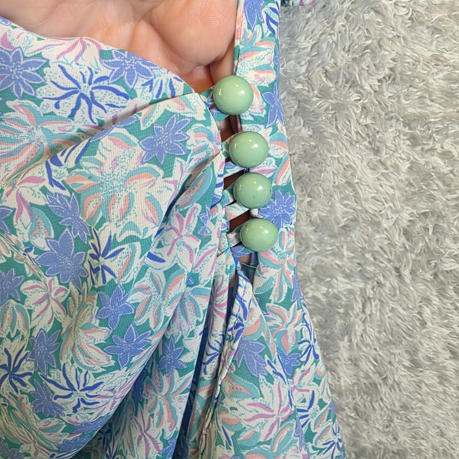 ​Vtg 80s Peplum Blue Floral Wrap Dress Puff Sleeve Ruffles Cottagecore S M USA