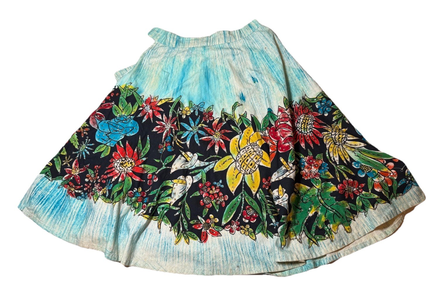 Vintage 1950s Hand-Painted Mexican Circle Skirt Sz 34 – 3D Dress Detail – Rare!
