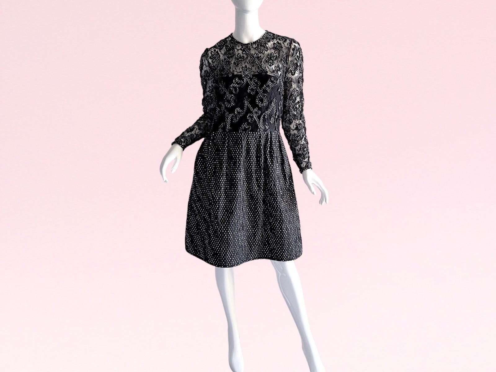 1980s Vintage Stanley Platos Designer Lace Ribbon Pleated Cocktail Party Dress S