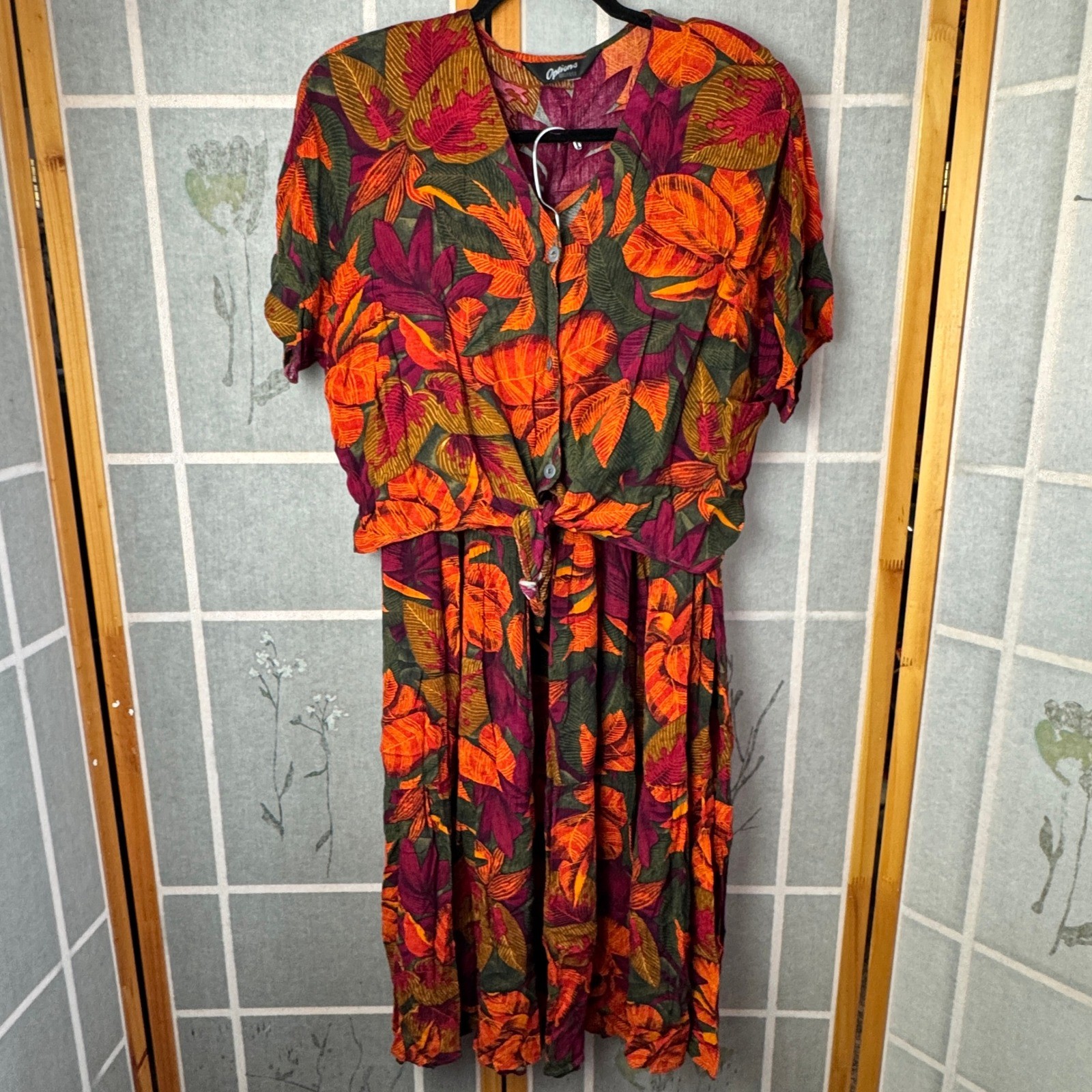 Vintage Options Melrose Tropical Leaf Print Tie Front Top and Maxi Skirt Set