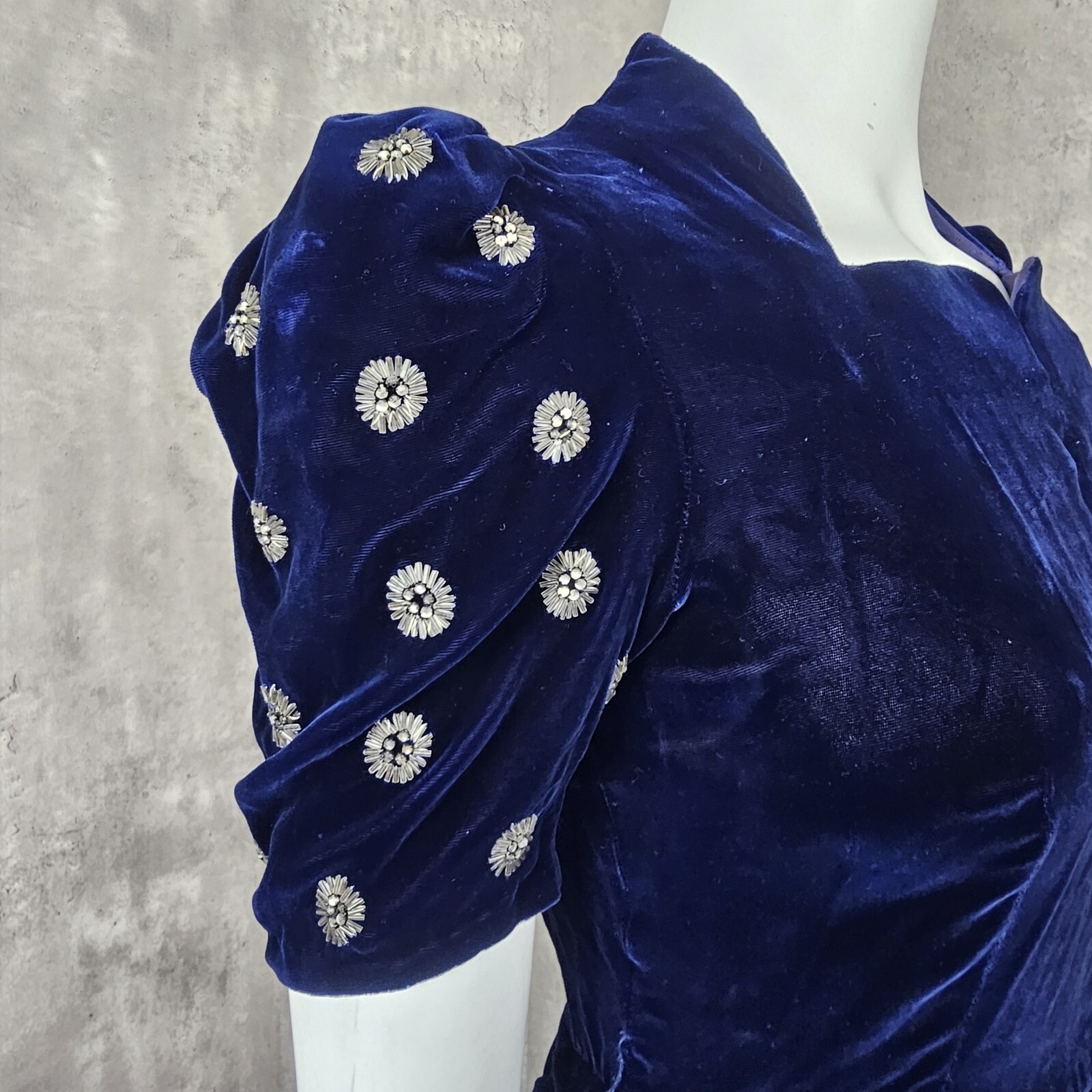 Vintage 30s Fashion Originators Guild Label Cobalt Blue Silk Velvet Peplum Dress