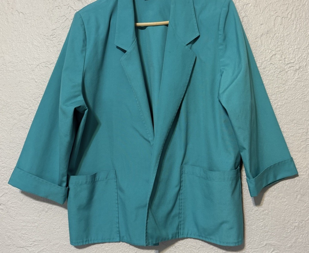 Vintage Koret Teal Blue Open Front Blazer Jacket 3/4 Cuffed Sleeves Measures XL