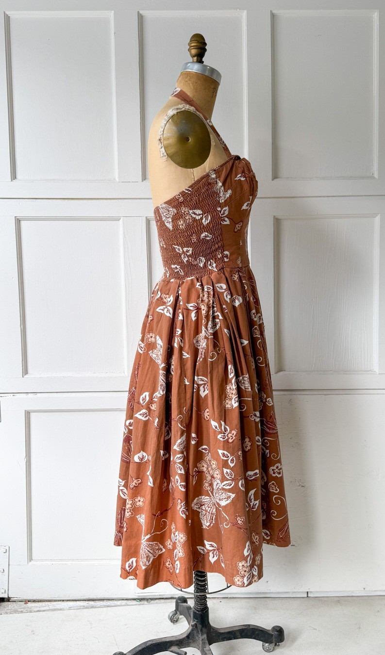 Vtg 50s Kahala Hawaiian Butterfly Moth Halter Strapless Pin-Up Dress Full Skirt