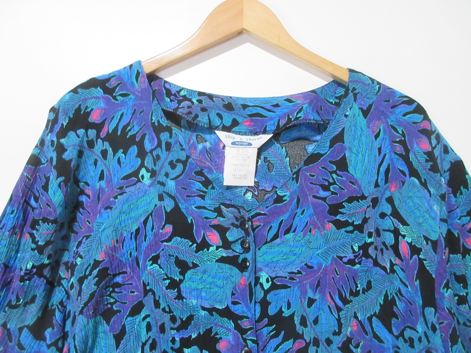 Sz 24 Vtg Ship ’n Shore Blouse CRINKLE Cottagecore Grandma 80s Blue Floral USA