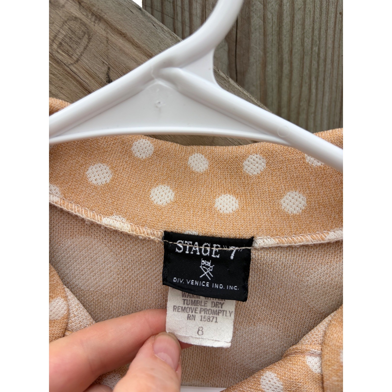 Stage 7 Vintage 70s Polka Dot Blouse Tan White Dagger Collar Retro Top Size 8
