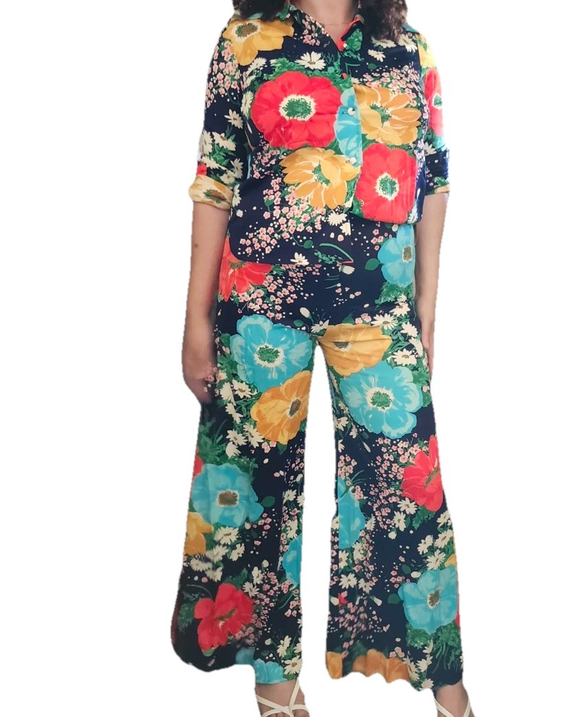 NWT Vtg 60s PARADE NY 2pc Set Multi Floral Button Up Top & Wide Leg Pants Sz 14