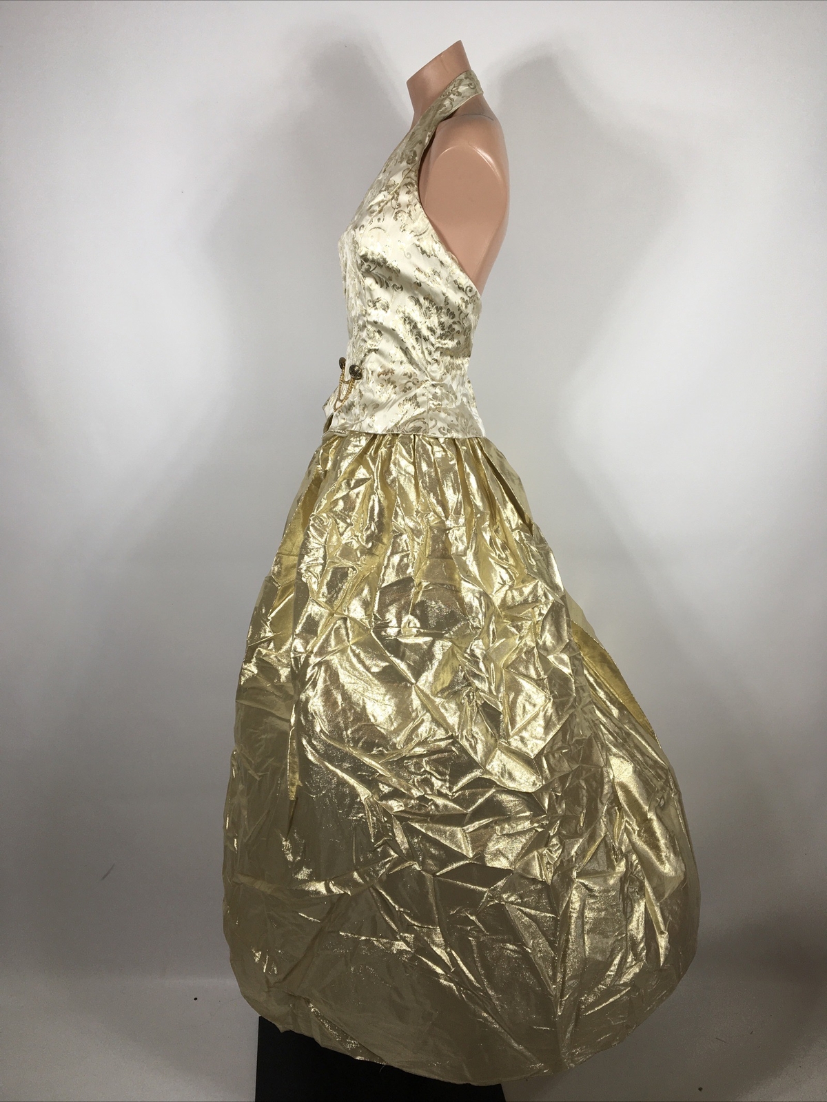 Jessica Mcclintock Gold Lame Halter Dress 7/8 PROM PARTY Vtg 80s 90s Metallic