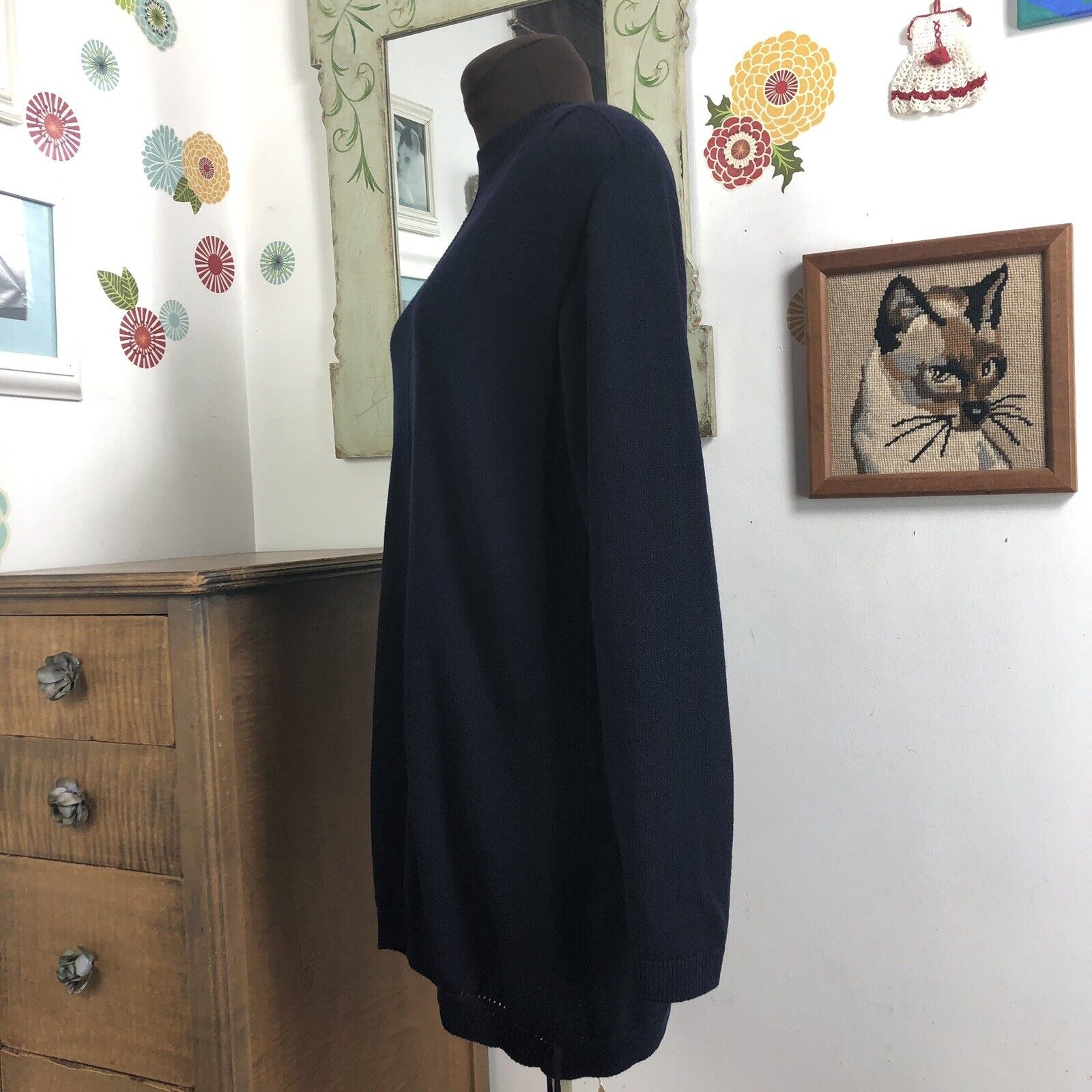 Vintage St. John Santana Knit Tunic Top, 1980s Navy Blue Sweater, Sz S