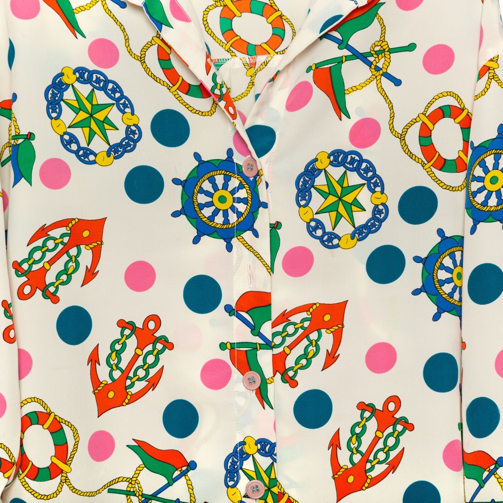 Vintage Nautical Anchor Print Blouse Multicolor Polka Dots, Approx. S M