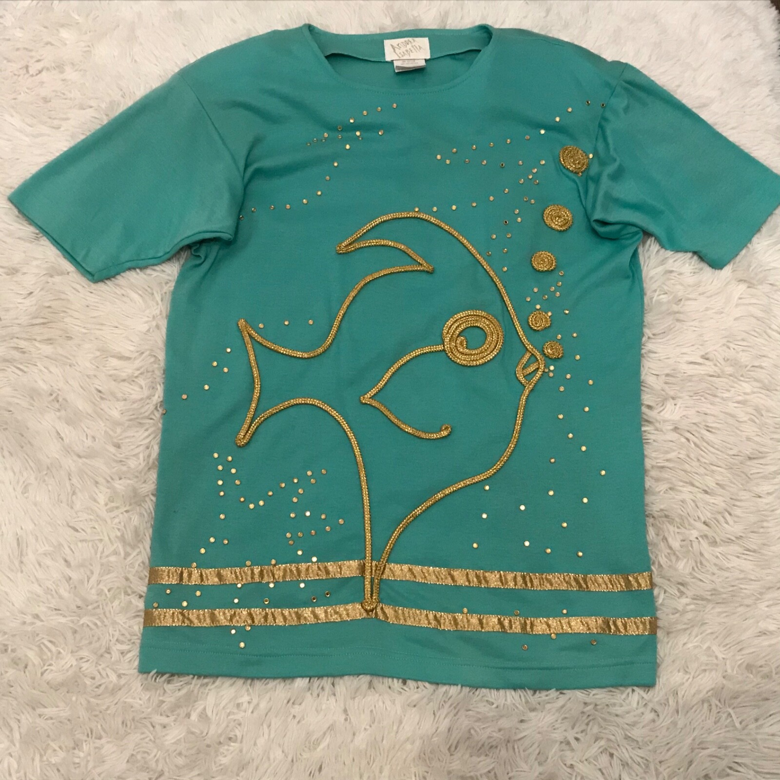 ANDREA ISABELLA Fish Theme Embroidered Cotton Top Size Small