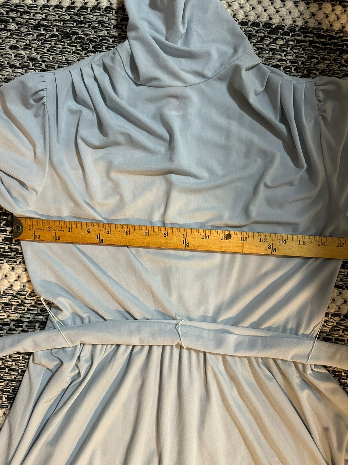 Vtg 70s Icy Blue Polyester Dress Secretary Disco Semi Sheer Puff Sleeve Petite 6